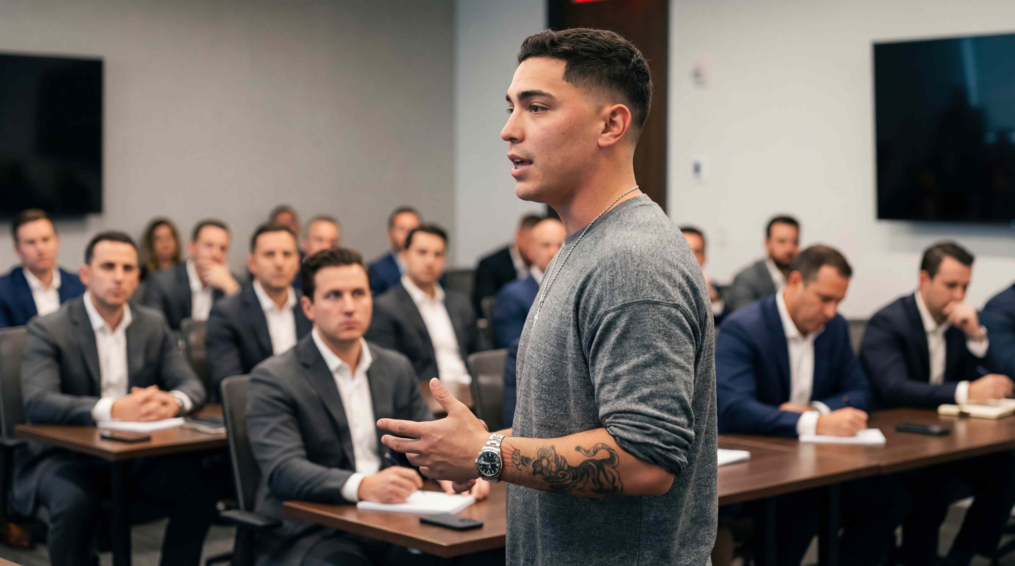 Rey presenting in a boardroom